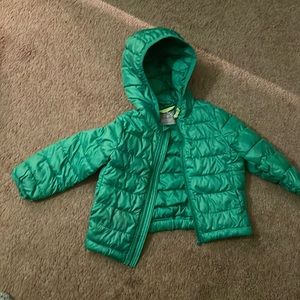 Green Primary puffer coat.